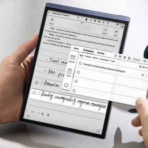 A user interacts with the iFLYTEK AINOTE Air 2, showcasing its note-taking and task management features. The e-ink screen displays handwritten notes, a calendar, and a to-do list, highlighting the tablet's organizational capabilities.