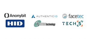 The logos of Anonybit, AuthenticID, Facetec, HID, Neurotechnology, and Tech5