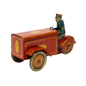 German 1930s lithographed tin delivery cart by Saalheimer & Strauss, in very good condition, marked “Made in Germany” on the body, “Dunlop Cord” on the wheels (CA$18,880).