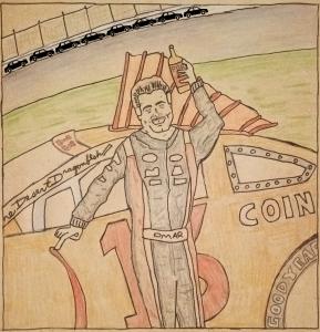 This is a whimsical drawing of Omar Sharif holding a bottle of port wine, leaning against his NASCAR #13 "Desert Dragonfish" car and pointing to the car's gill.