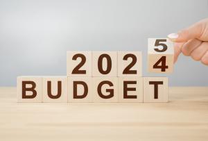 2025 Budget planning concept. Hand flips wooden cube and changes inscription BUDGET 2024 to BUDGET 2024 with grey background