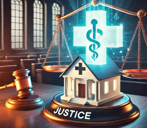 Scales of Justice with health symbol above it