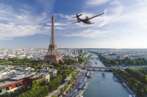 Aircraft render of Electron 5 flying above Paris with zero emissions