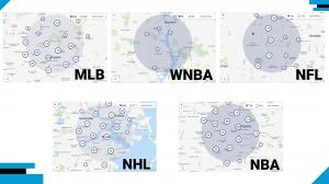 Collage of maps showing targeted advertising zones for major sports leagues (MLB, NBA, NFL, NHL, and WNBA), each highlighting areas within a 3-mile radius of event venues for optimized digital billboard placement