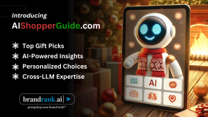 Image of an AI generated snowman in a holiday scene. Text says Introducing AIShoppersGuide.com