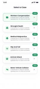 A screenshot of the Quilia app interface displaying a list of supported case types, including Workers’ Compensation, Wrongful Death, Medical Malpractice, Slip and Fall, Animal Attack, and Motor Vehicle Collision. Each case type includes its creation and u