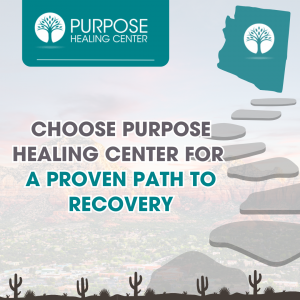 An image of Arizona and a path toward the horizon shows the concept of Purpose Healing in Scottsdale (and Phoenix) offers a proven choice for effective, evidence-based addiction and mental health treatment in Arizona