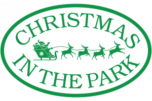 green and whitel logo of Christmas in the Park with Santa on his sleigh and four reindeer