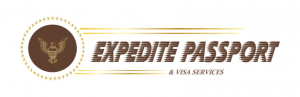 Expedite Passport & Visa Services written in brown on a white background, with a brown circle with a gold eagle to the left