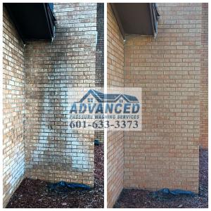 Before and after house pressure washing comparison showing dramatic cleaning results on exterior brick wall - left side shows dirty, mildew-covered bricks, right side shows clean restored brick surface after professional pressure washing service