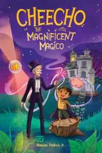 The photo shows an image of Cheecho the Magnificent Magico's book cover which features a boy with a magic wand and his old magician friend.