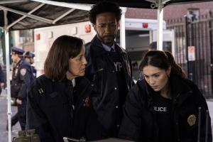 Still image of LAW & ORDER SVU - episode Cornered - LtoR-Pilar Uribe as Commander Volpe_Jordan Mahome as Lt Ford_Juliana Aidén Martinez as Det Kate Silva - photo by Peter Kramer_NBC.JPG