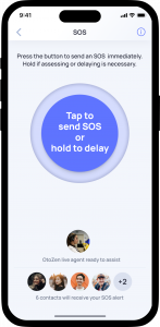 A smartphone displaying OtoZen's SOS feature interface, highlighting options to alert family and emergency services.