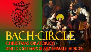 Crescendo's logo, and the title Bach-Circle Concert, with Gentileschi's Nativity Scene depicting the baby Jesus in the arms of Mary, adored by the Shepherds