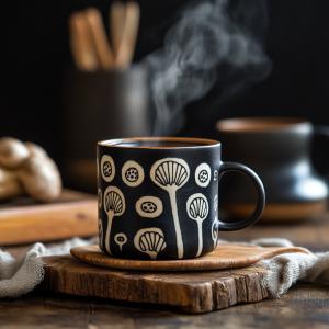 a cup of mushroom coffee with mushrooms etched into a porcelin mug