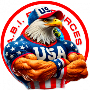 "A muscular eagle wearing a USA jersey and cap, symbolizing strength, unity, and patriotism, with the ABI Resources logo in the background."