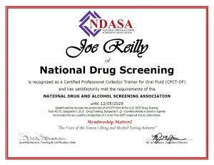  Joe Reilly is now Certified by NDASA as a Professional Collector Trainer for DOT Oral Fluid