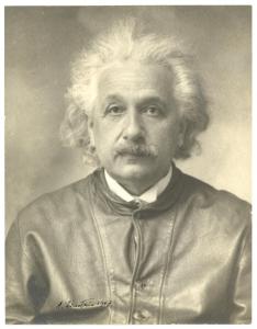 Quite modern-looking photograph of Albert Einstein wearing his beloved scruffy leather jacket, probably taken by Lotte Jacobi, and signed by him as “A. Einstein, 1947.” (est. $6,000-$8,000).