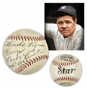 Rare Star baseball by Spaulding signed on the sweet spot by Babe Ruth on June 5, 1927, dedicated to vaudeville actress Maud Ryan, a fellow entertainer. (est. $10,000-$12,000).