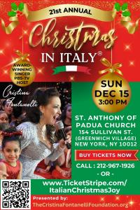 Poster graphic for Cristina Fontanelli's 21st-annual "Christmas in Italy®" taking place Sunday December 15 at 3 p.m.