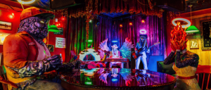 Vibrant bar with colorful lighting and statue figures resembling a band performance.