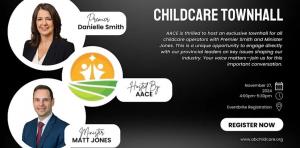 The invitation that was created by the Association of Alberta Childcare Entrepreneurs for Alberta childcare operators to attend a virtual townhall meeting with Premier Danielle Smith and Jobs, Economy and Trades Minister, Matt Jones