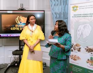 Her Excellency Amani Sara, Ambassador of Côte d'Ivoire, and Mrs. Komah Djenebou, Director of the Tourism and Leisure Office for the UK and Ireland, during the WTM 2024 reception at the emnassy.