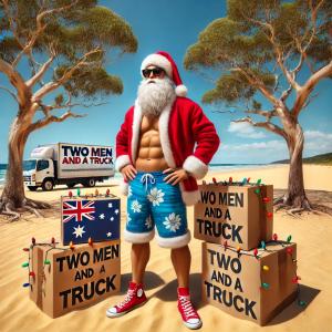 An image of  Santa standing on the beach with Two Men and a Truck moving boxes piled around him.  He has gum trees on either side of him and a Two Men and a Truck truck in the background