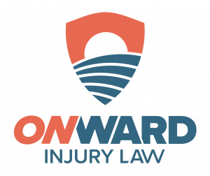 Onward Injury Law Vertical Logo features a shield with a sunset at the center with Onward Injury Law in text underneath.