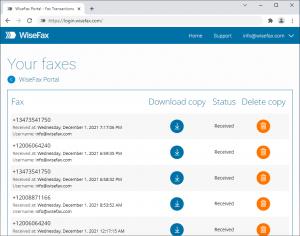 Received faxes are securely stored in the WiseFax portal.