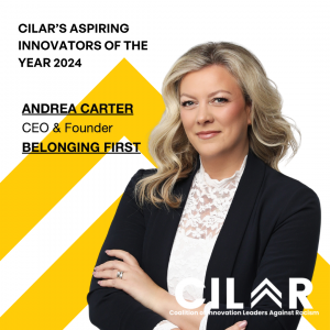 Andrea D. Carter, expert in Belonging in the Workplace is on the cover of the award. CILAR logo is in the background.