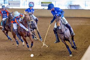 Two polo players make a play on the ball and each other