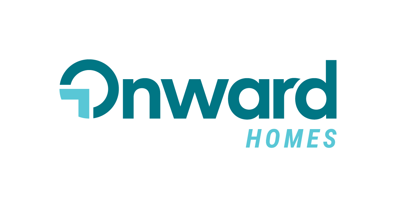 Blue and white corporate logo with words "Onward Homes"