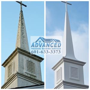 The image shows the steeples of two churches, one with a rustic, weathered appearance and the other with a sleek, modern design. The logo and contact information for "Advanced Pressure Washing Services" is prominently displayed, indicating that the compan