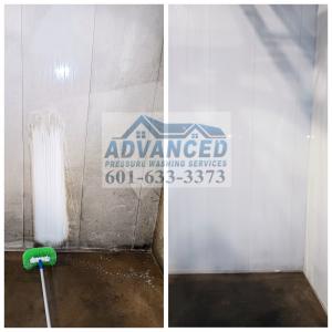 Before and after images showcasing the impressive cleaning results achieved by Advanced Pressure Washing Services on the interior walls of an automatic car wash facility. The images demonstrate the dramatic transformation from dirty, grime-covered surface