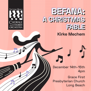 The image shows 'Befana' the Christmas witch with musical surroundings.