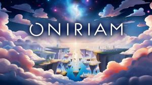 A surreal dream world with glowing forests, golden hues, and the bold ONIRIAM title, showcasing mystery and beauty