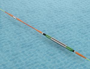 Graphic illustration of a SMART subsea cable interspersed with a metal sensor housing and a seperate remote sensor pod inline on the same cable