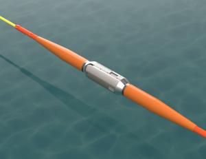 Graphic illustration of a SMART subsea cable with an inline metal sensor pod partway along it