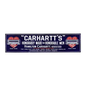 Canadian single-sided porcelain sign from the 1910s for Carhartt, Inc. – a heavy-duty work wear company founded in Detroit, 18 inches by 72 inches and graded near-perfect at 9.5 (CA$28,320).