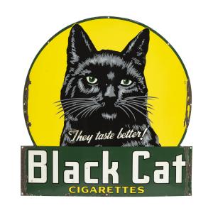 Canadian 1945 single-sided porcelain sign for Black Cat Cigarettes, graded 8.25, 49 ¾ inches by 47 ½ inches, considered one of the best signs in Canadian advertising sign history (CA$14,160).