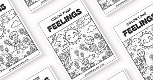 A display of multiple copies of the coloring book Color Your Feelings by Shaina Williams, showcasing a cheerful cover with children, flowers, and a smiling sun, designed to encourage emotional growth through creativity.