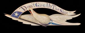 Rare, carved and painted wood piece by John Haley Bellamy (1836-1914), titled Don’t Give Up the Ship, untouched, in white, is 9 inches tall by 26 inches wide (est. $10,000-$20,000).