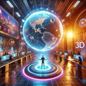 Futuristic scene showcasing OPIC Technologies' 3D livestreaming capabilities, featuring a dynamic influencer engaging with holographic tools in a high-tech environment. The image highlights OPIC's logo prominently, representing innovation and leadership i