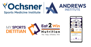 Logos of Ochsner Andrews Sports Medicine Institute, My Sports Dietitian, and Eat 2 Win Nutrition alongside a smartphone displaying the Eat 2 Win app interface, symbolizing the partnership to enhance athlete nutrition and performance.