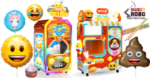 Collage of Sweet Robo's emoji™ vending machines, including designs and products inspired by popular emojis.