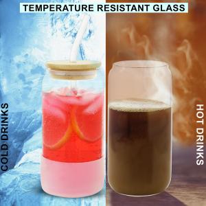 Glass tumblers infographics showing temperature resistant borosilicate glass for cold and hot drinks