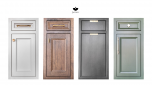 Four cabinet doors - gray, brown, black and green - illustrate the new Jarrett Design cabinet line.