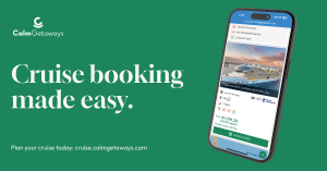 A mobile phone screen showing the CalmGetaways website, displaying details of a 7-night Western Caribbean cruise on the Icon of the Seas, including pricing and promotions. The CalmGetaways logo is visible at the top.