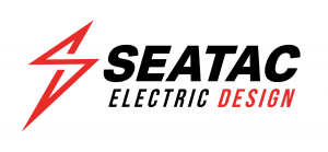 Seatac Electric Design Logo started by a red S shaped like a lightning bolt.